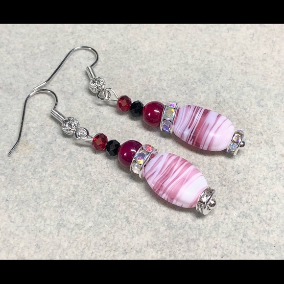 Glass and pink agate earrings in silver accents, burgundy hues - Picture 8 of 9
